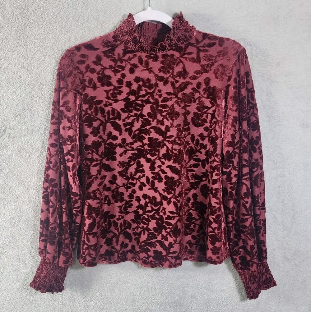 Maurices Womens Velvet Burnout Floral Mock Neck Top Burgundy Wine Womens Medium
